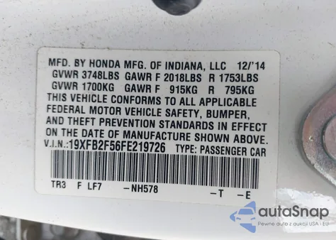 2015 Honda Civic Lx z USA, uszkodzony, nr VIN 19XFB2F56FE219726